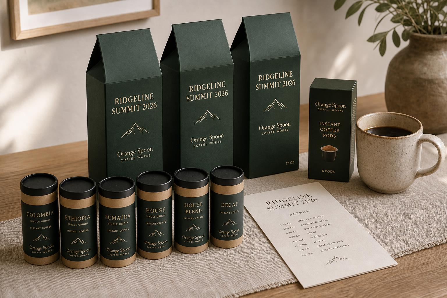 Custom-branded coffee sachet tubes and pod boxes set up for a corporate team offsite