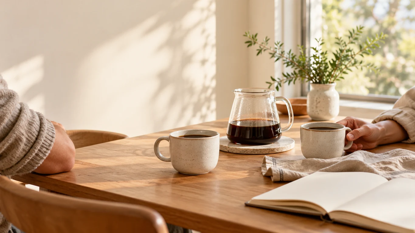 A shared coffee moment at home, with two cups and sunlight across the table