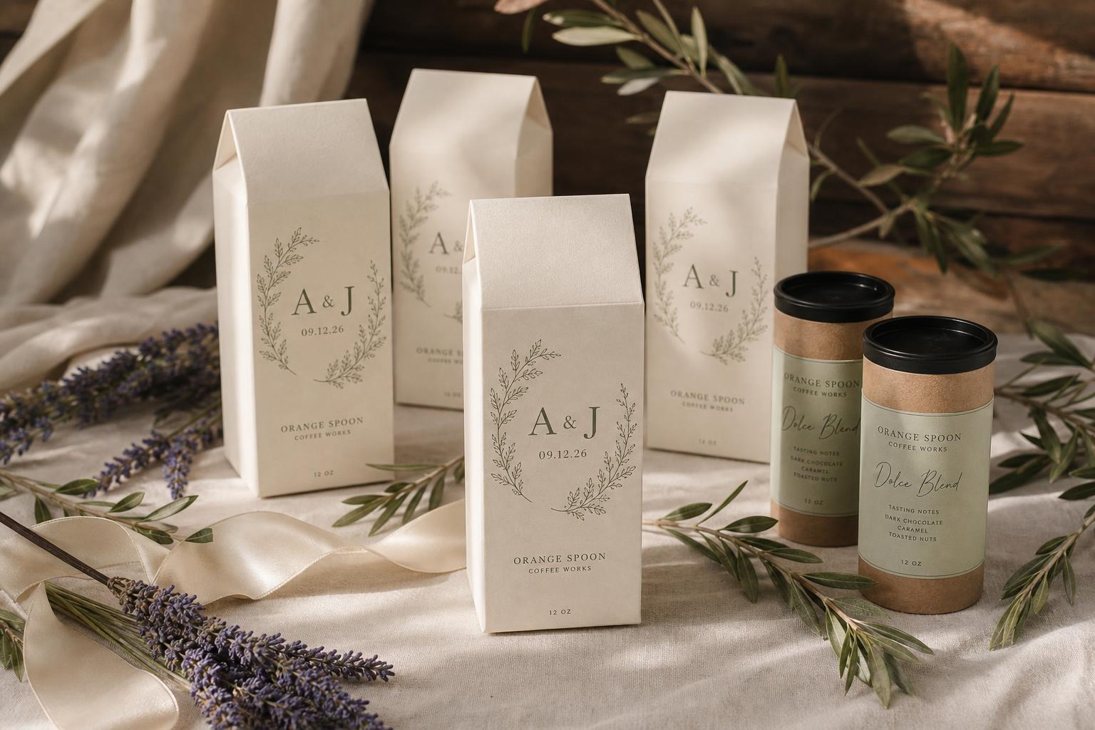 A custom wedding favor coffee bag with a delicate botanical monogram, styled with lavender and olive branches