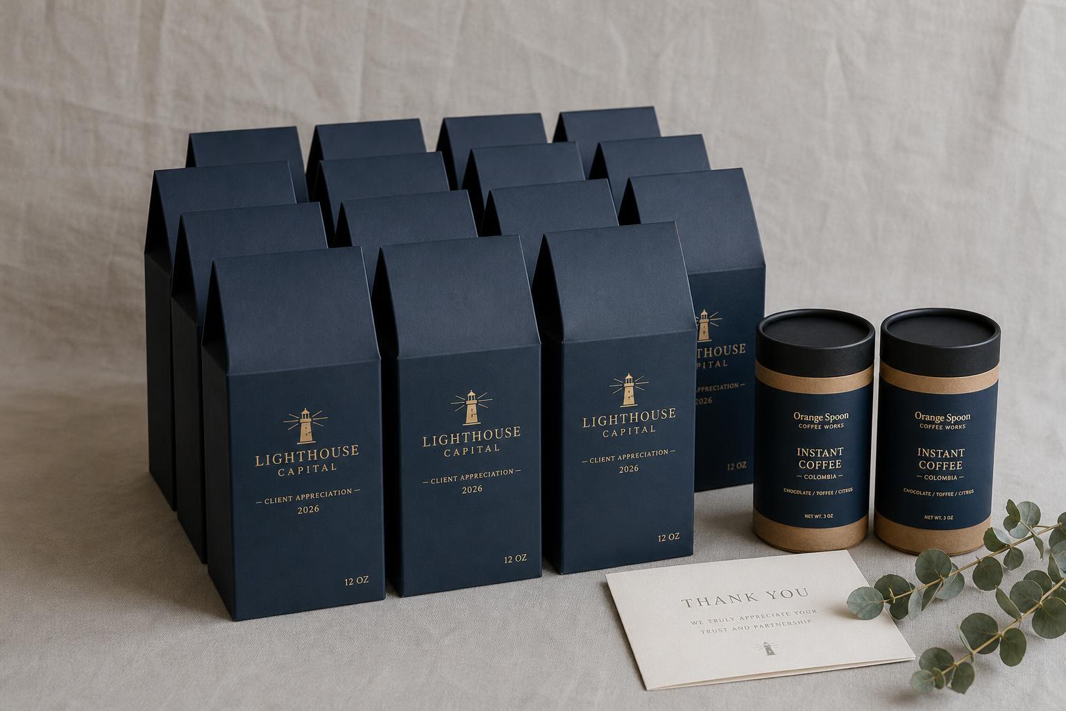Rows of co-branded corporate coffee bags, pod boxes, and sachet tubes produced in bulk for a client appreciation send