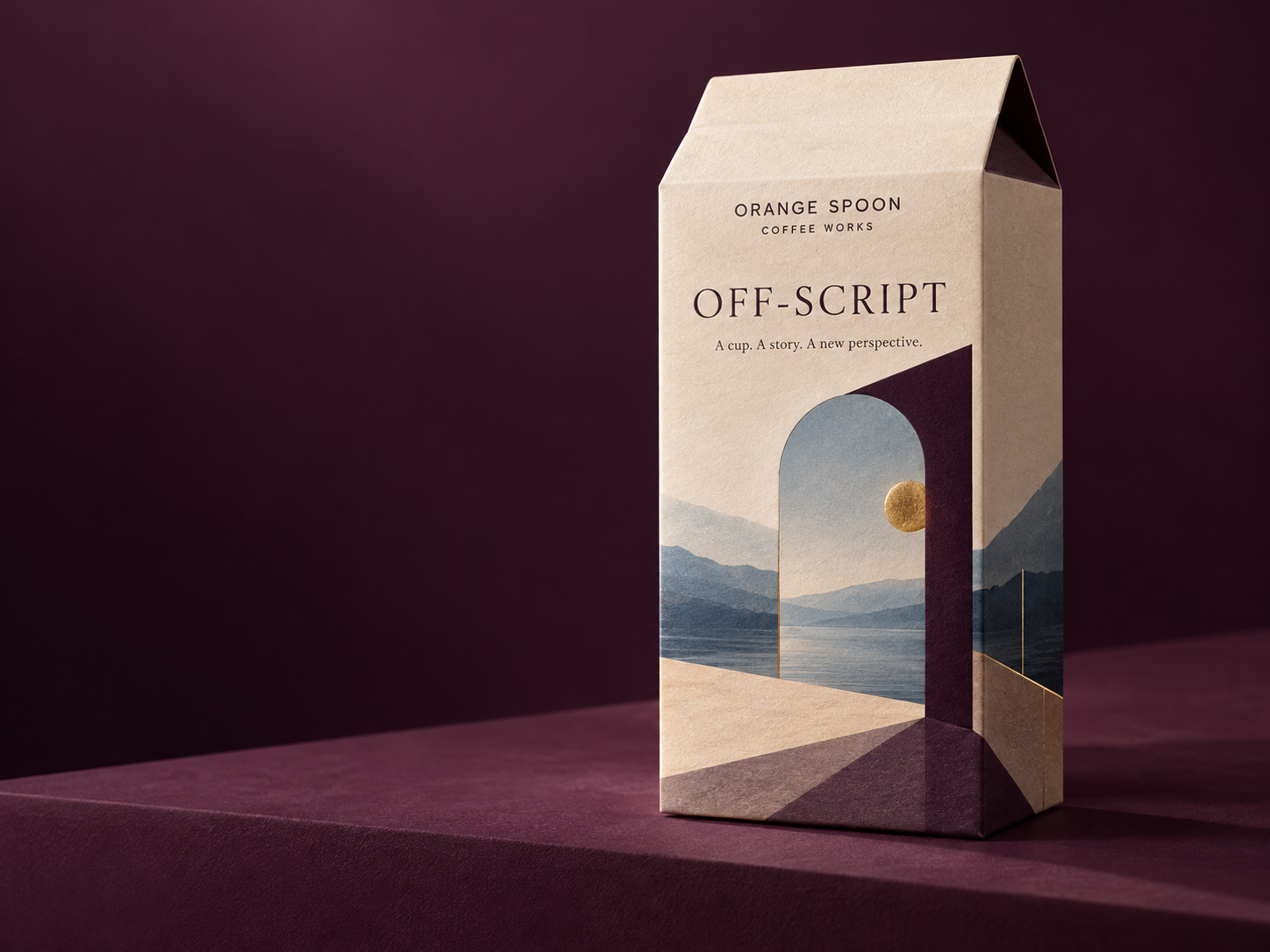 Off-Script illustrative carton with a doorway, landscape and rising sun