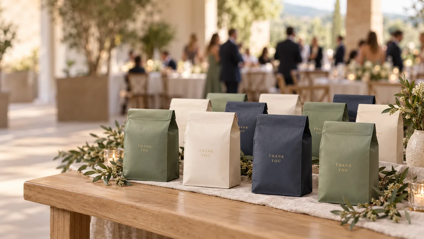 Illustrative event gifting scene: custom coffee gift packages arranged on a table, with guests softly blurred behind