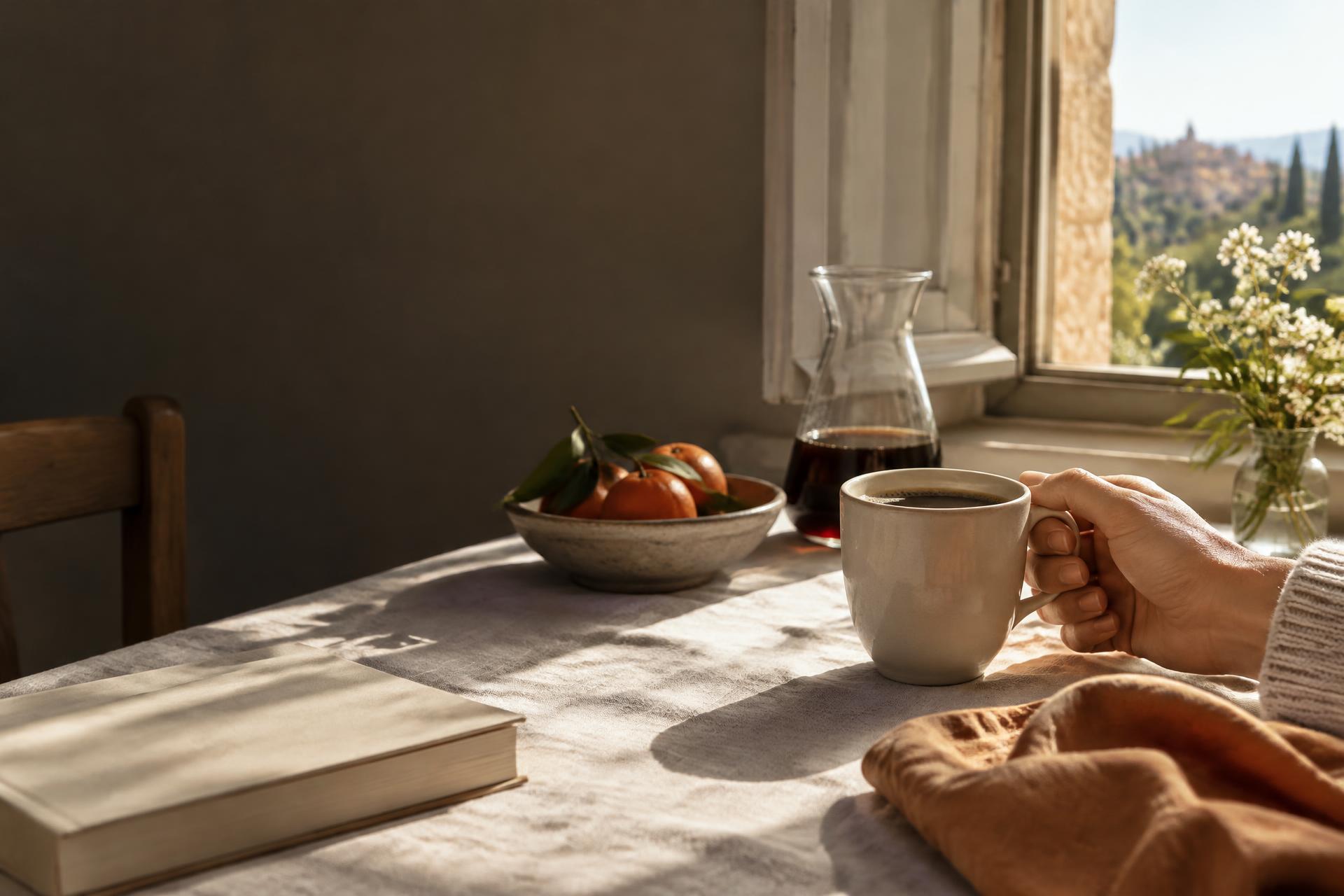 Coffee and a book on a sunlit table